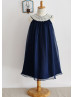 Navy Blue Chiffon Pearls Embellished Slit Back Short Flower Girl Dress